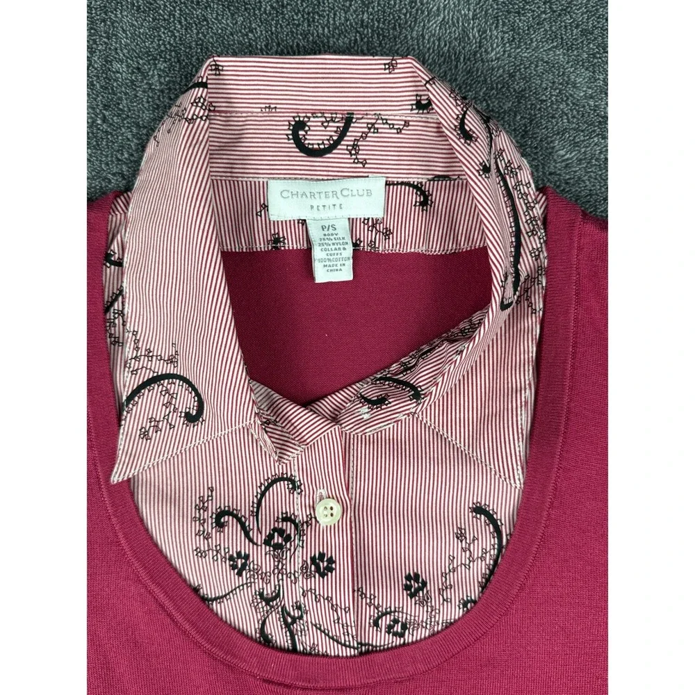 Charter‎ Club Petite Pink Silk Blend Layered Look Sweater Floral Trim P/S